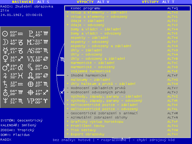 Rozbalené menu Výstupy v programu Johannes pro Windows