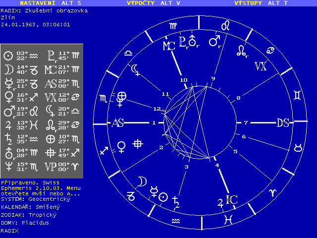 Okno programu Johannes pro Windows s kolem horoskopu